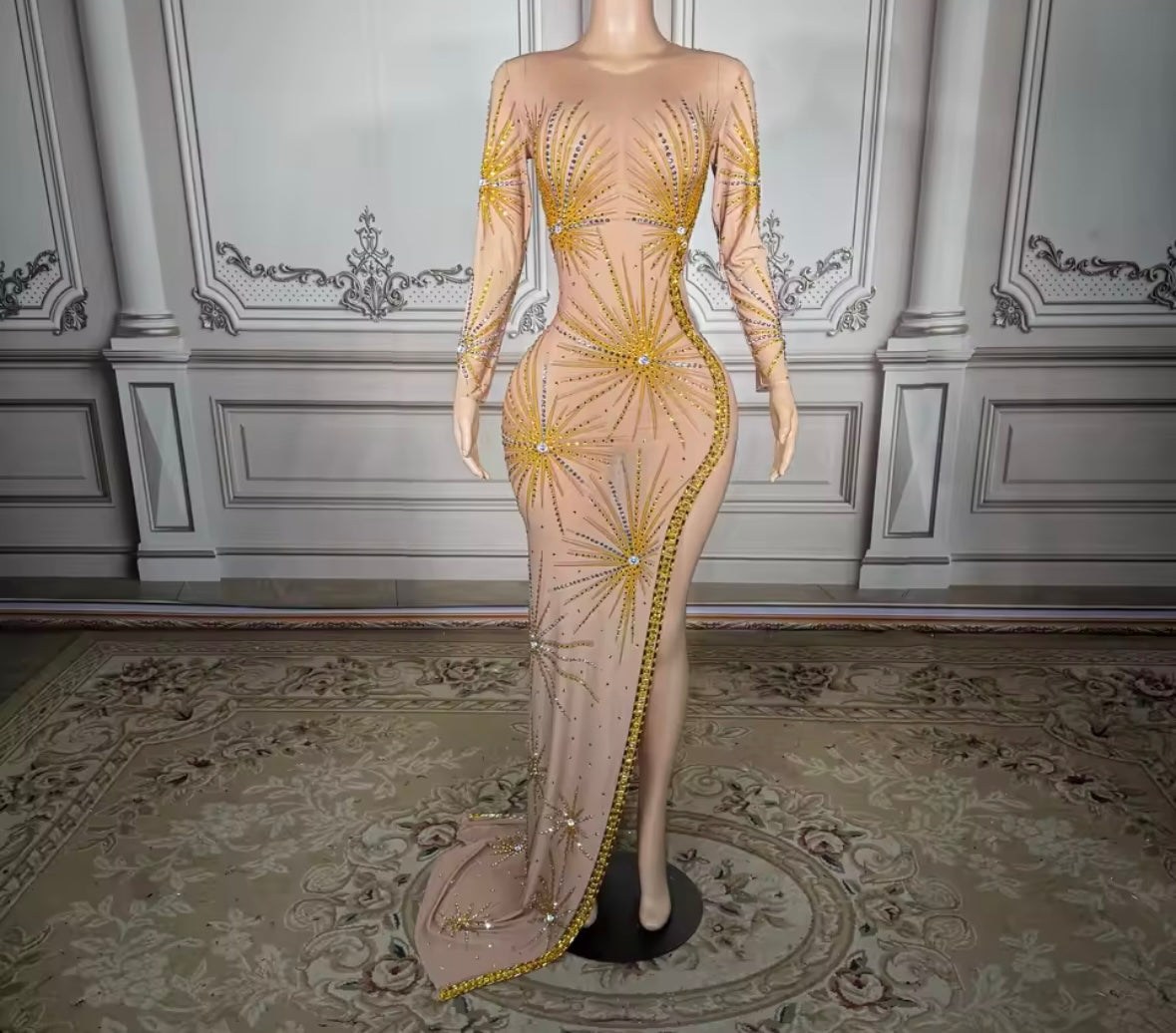 Sexy Rhinestone Embellishment See Through Side Split Maxi Dress