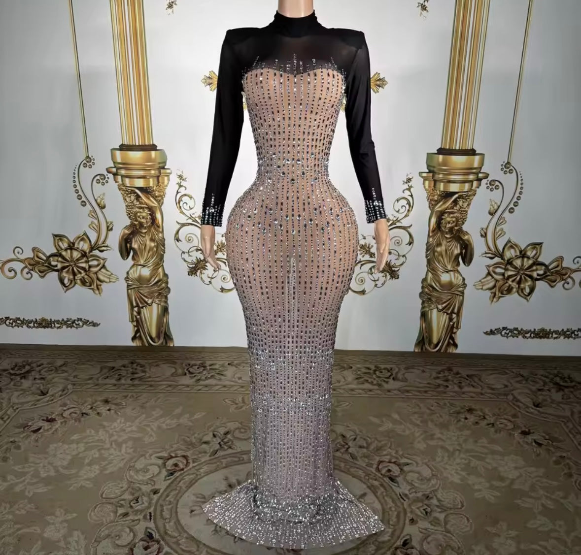 Sexy Rhinestone Embellishment Full Sleeve Maxi Dress