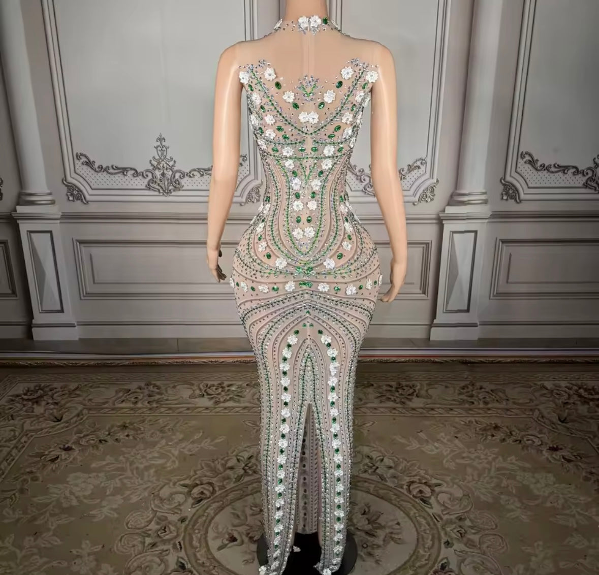 Sexy Sleeveless Floral Rhinestone Embellishment Maxi Dress
