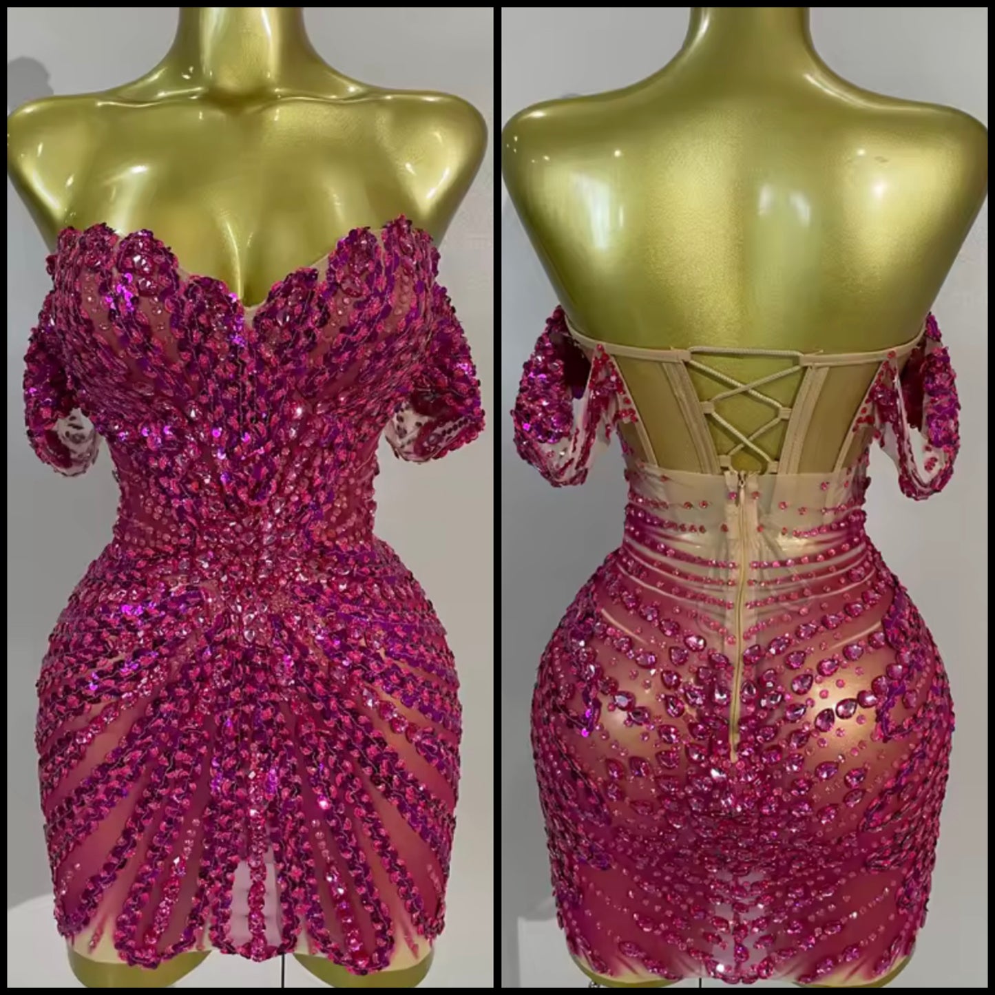 Sexy Pink Off The Shoulder Sequins Rhinestone Dress