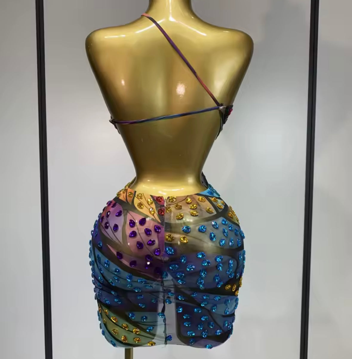 Sexy One Shoulder Sleeveless Multicolored Rhinestone Dress