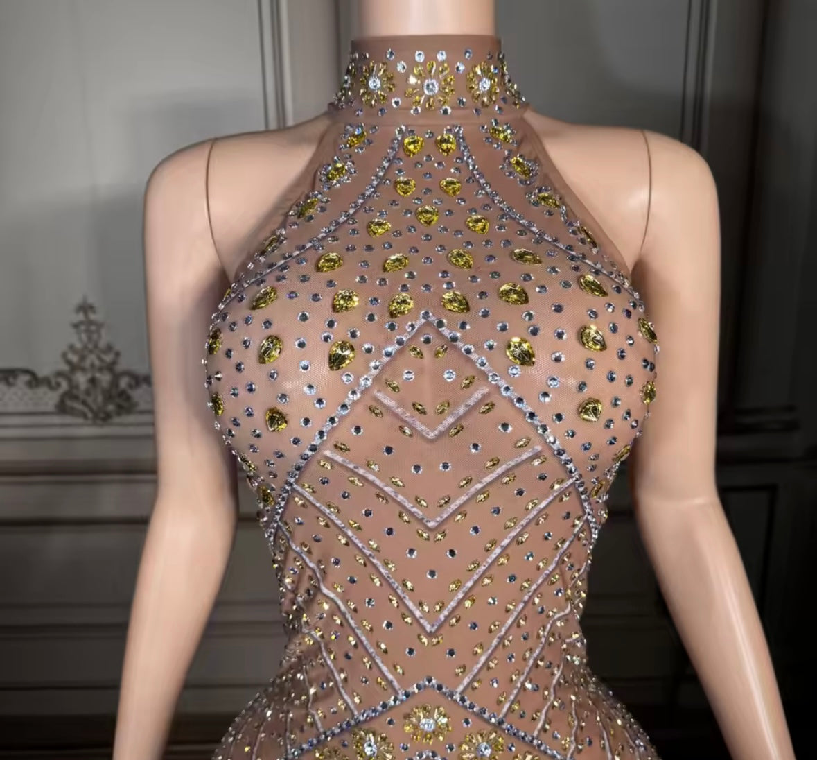 Rhinestone Embellishment Sexy Sleeveless Back Split Maxi Dress