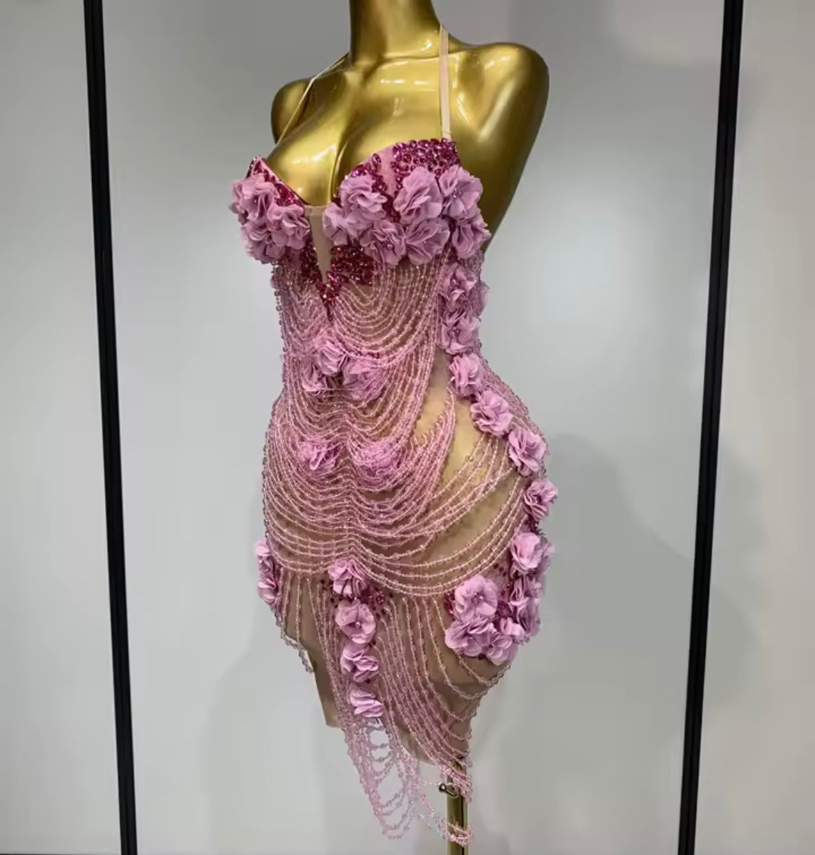 Pink Halter Sleeveless Beaded Rhinestone Sexy Dress