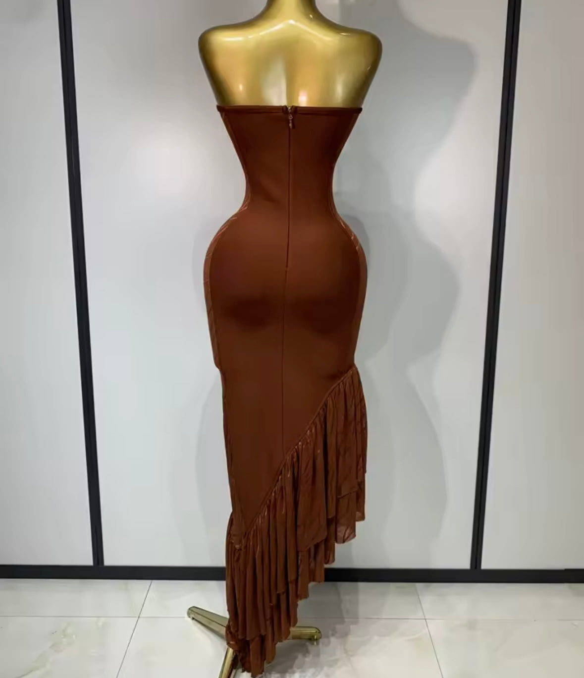 Brown Sexy Strapless Cut Out Rhinestone Ruffle Maxi Dress