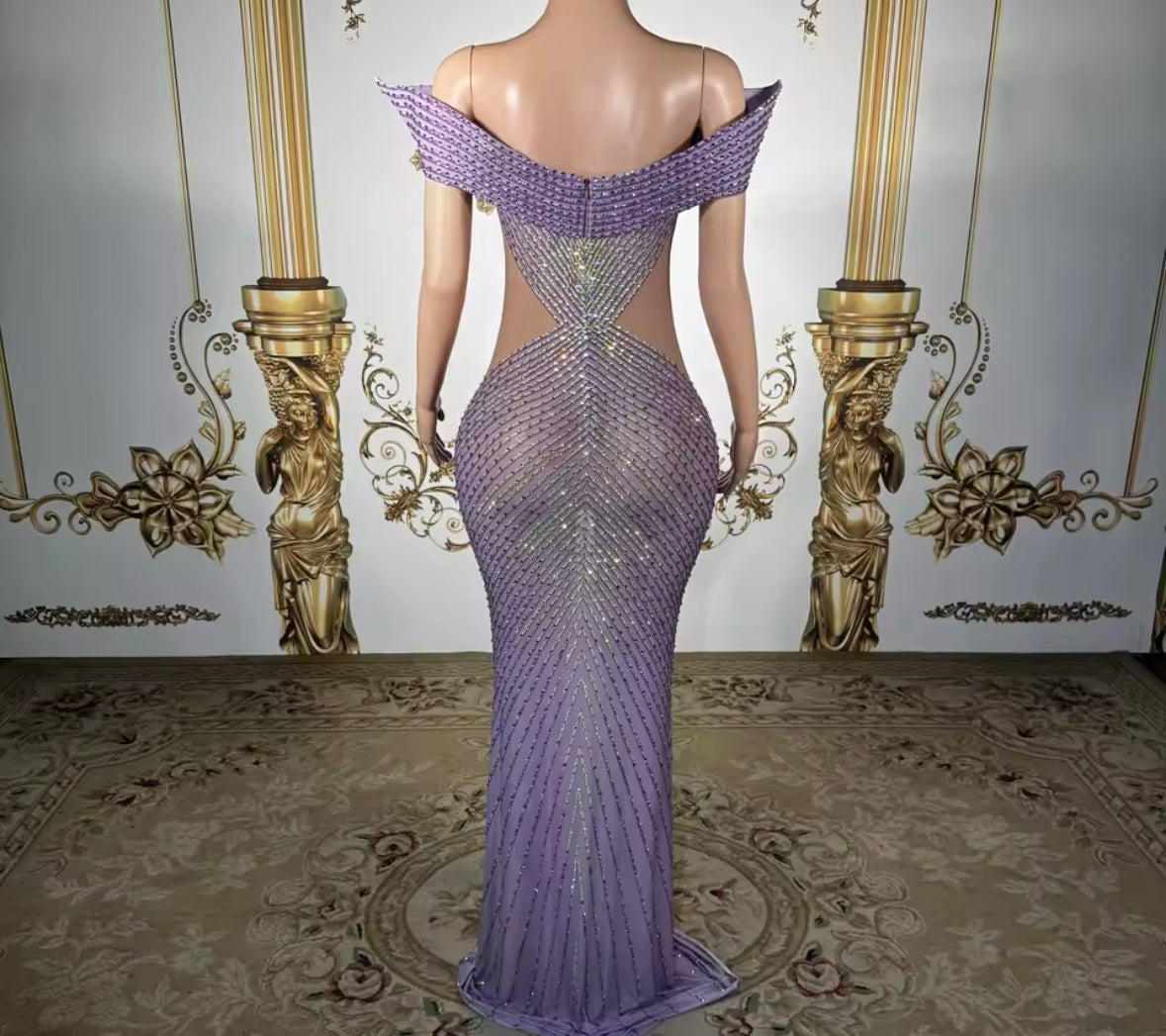 Purple Elegant Off The Shoulder Rhinestone Floor-Length Dress