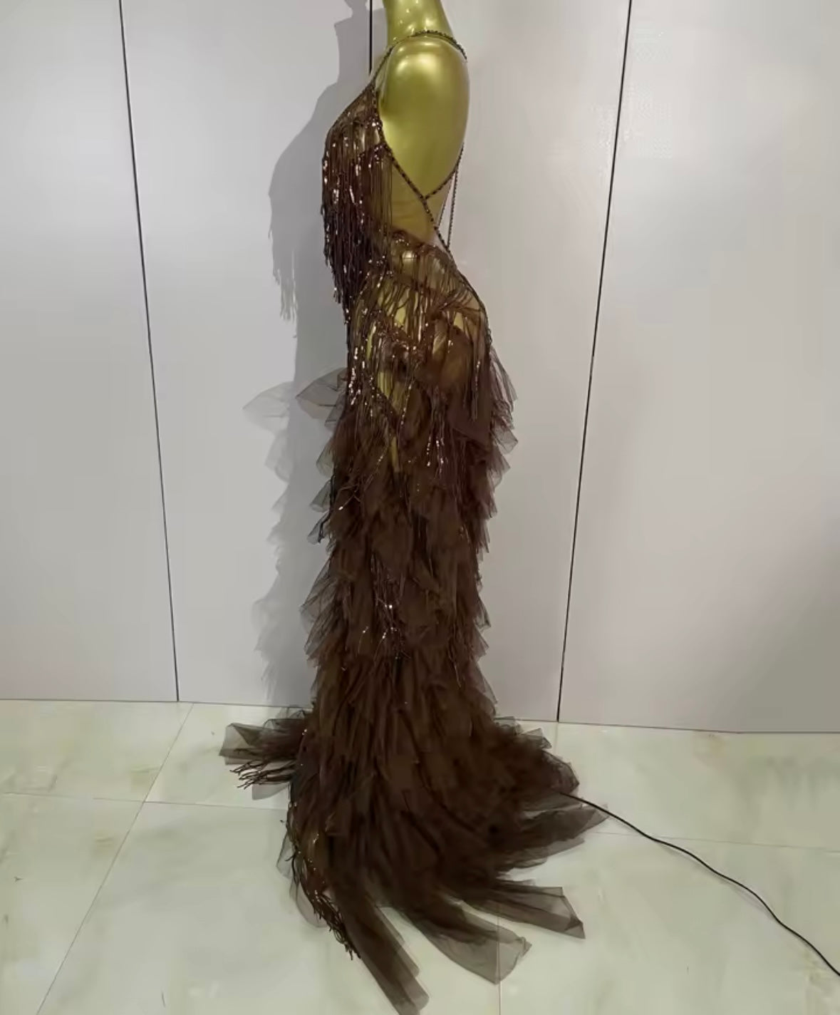Sexy Sleeveless Open Back Fringe Tassel Rhinestone Maxi Dress