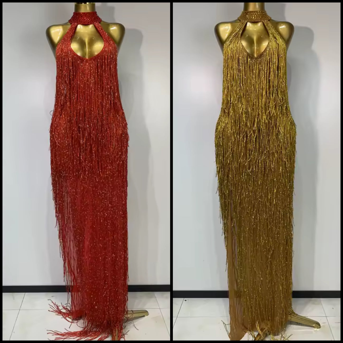 Sexy Halter Sleeveless Beaded Fringe Floor-Length Dress