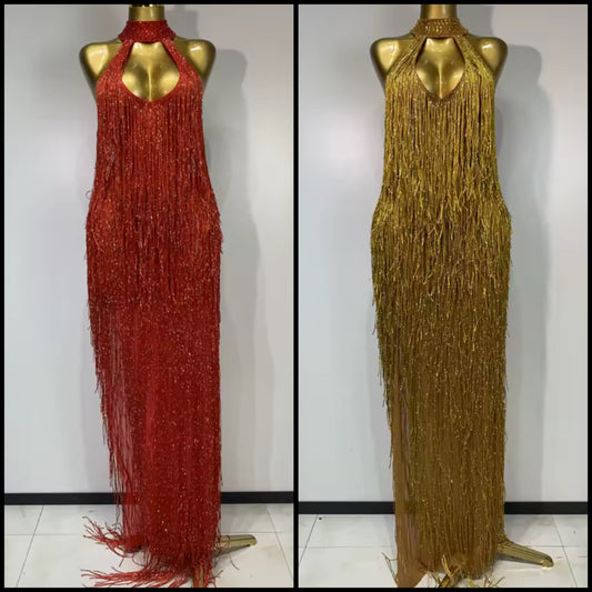 Sexy Halter Sleeveless Beaded Fringe Floor-Length Dress