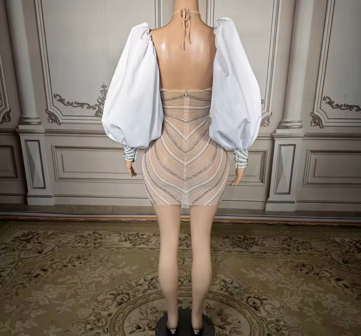 Rhinestone Halter Full Sleeve See Through Dress