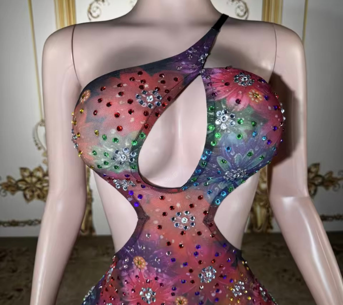 Sexy One Shoulder Sleeveless Colorful Rhinestone Dress
