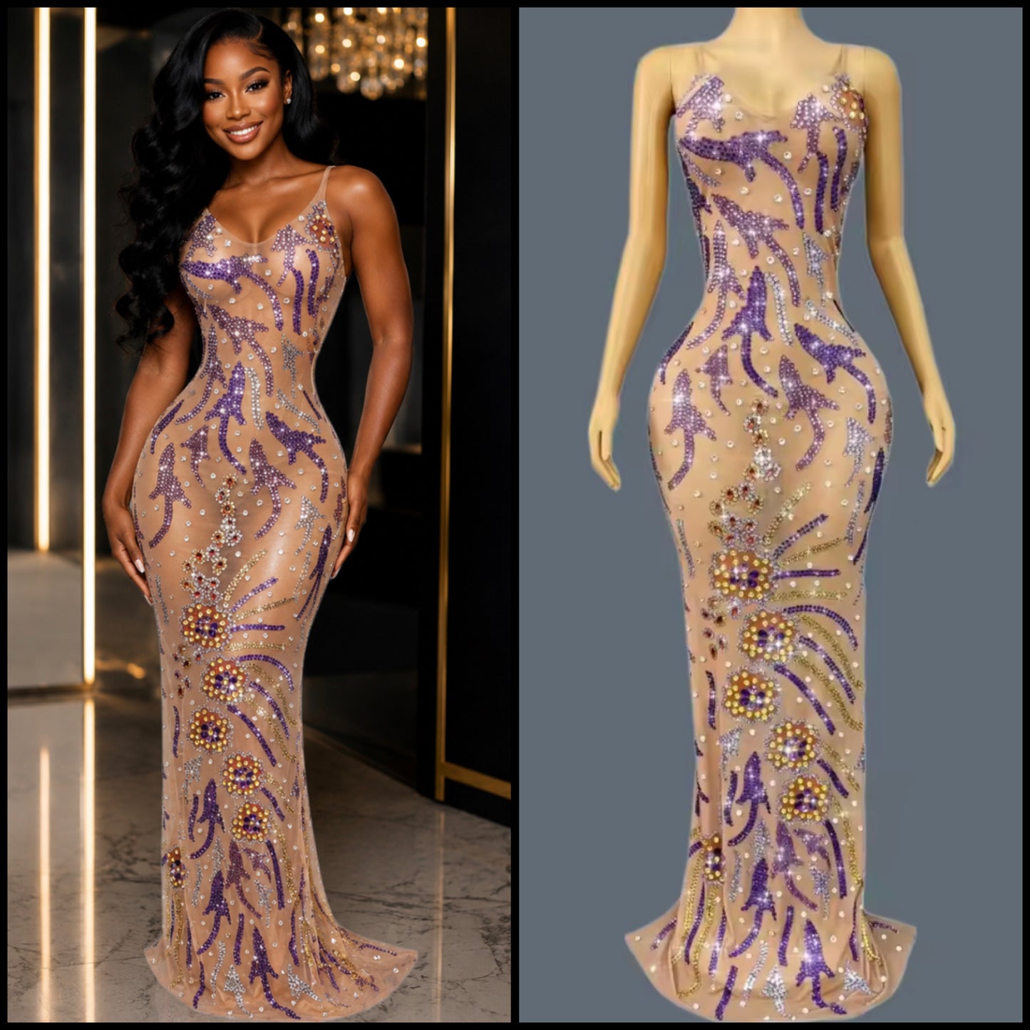 Sexy Sleeveless Color Rhinestone Embellishment Maxi Dress