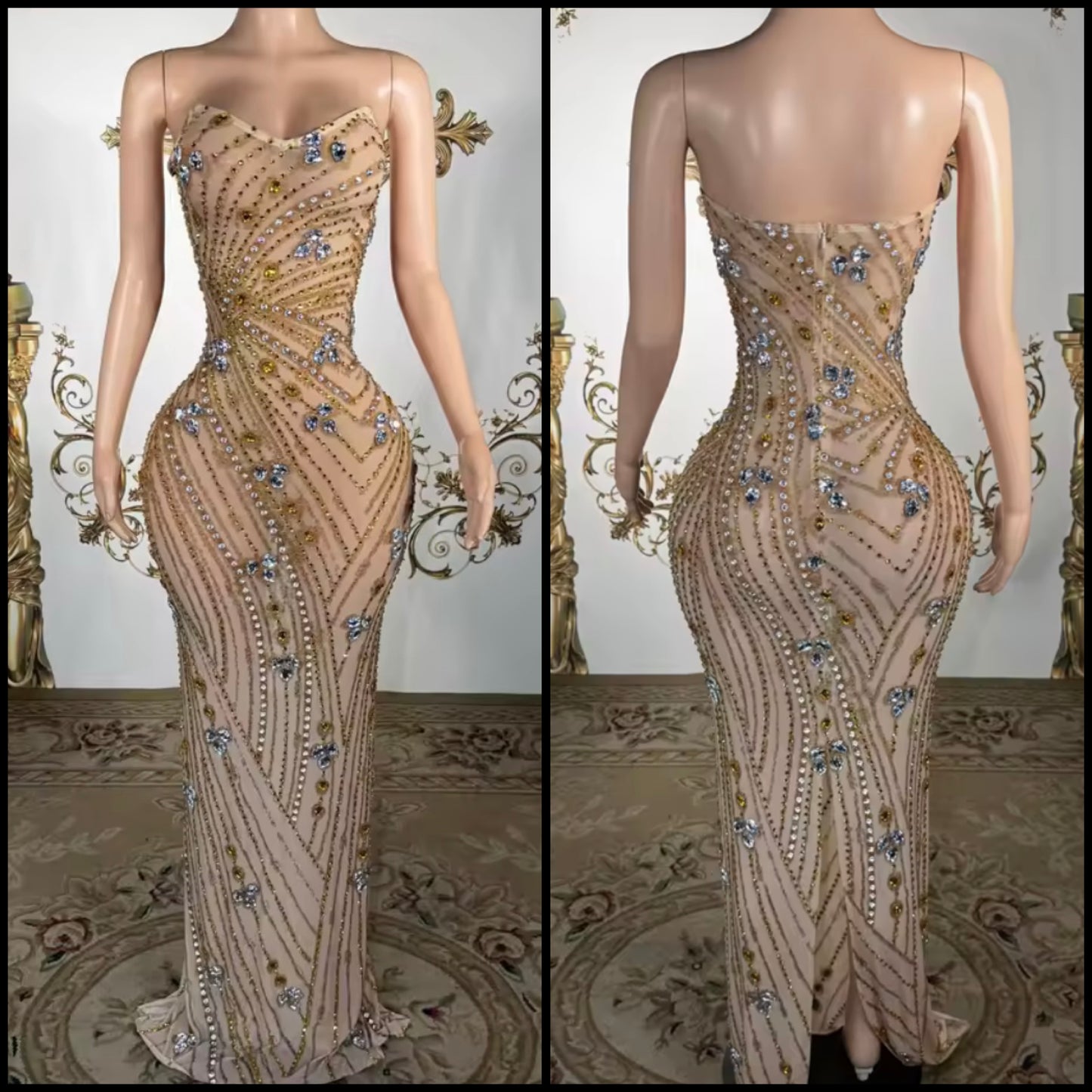 Sexy Strapless See Through Rhinestone Embellishment Dress