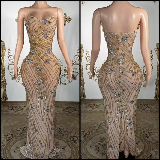 Sexy Strapless See Through Rhinestone Embellishment Dress