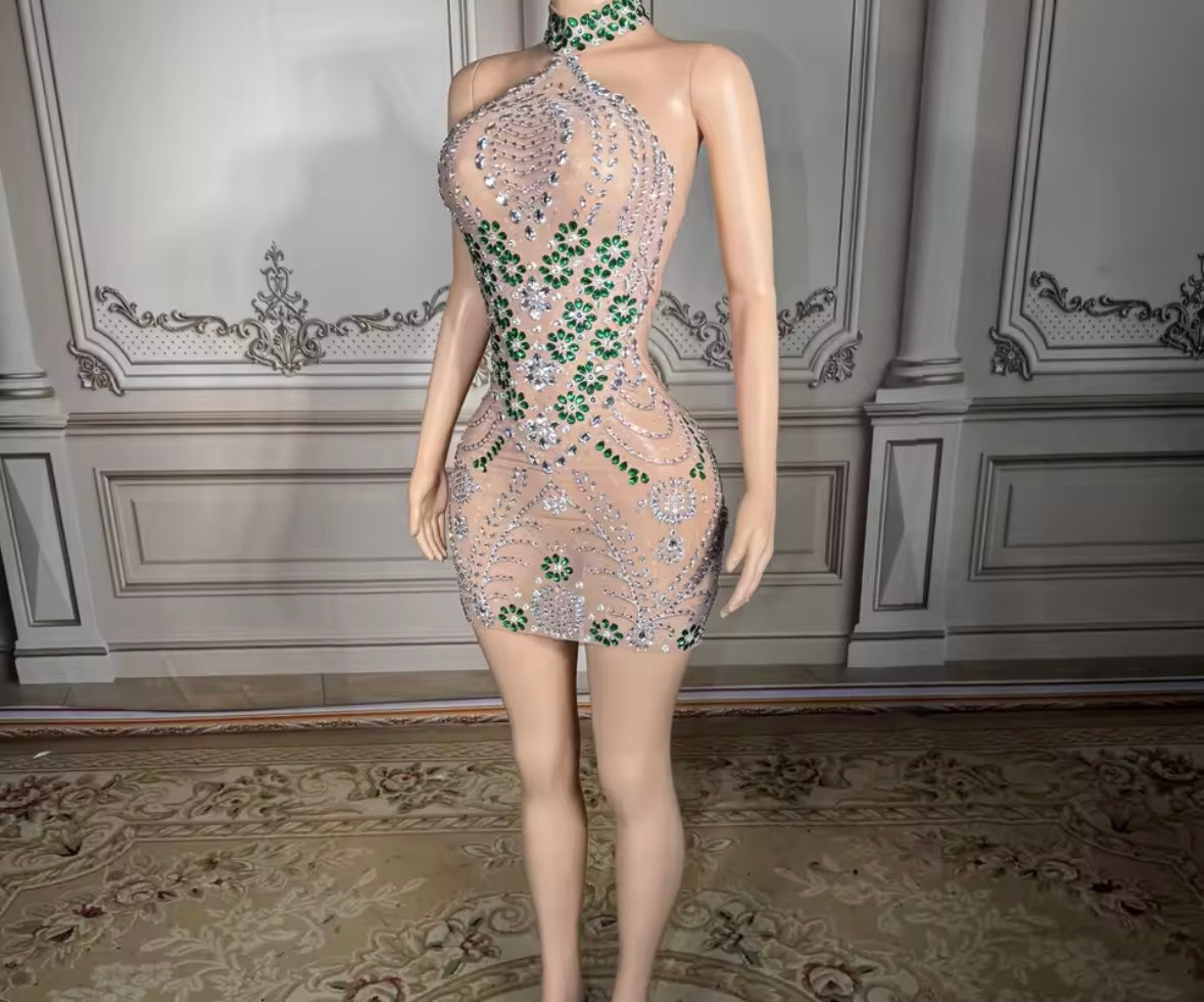 Sexy Halter Sleeveless Rhinestone Embellishment See Through Dress