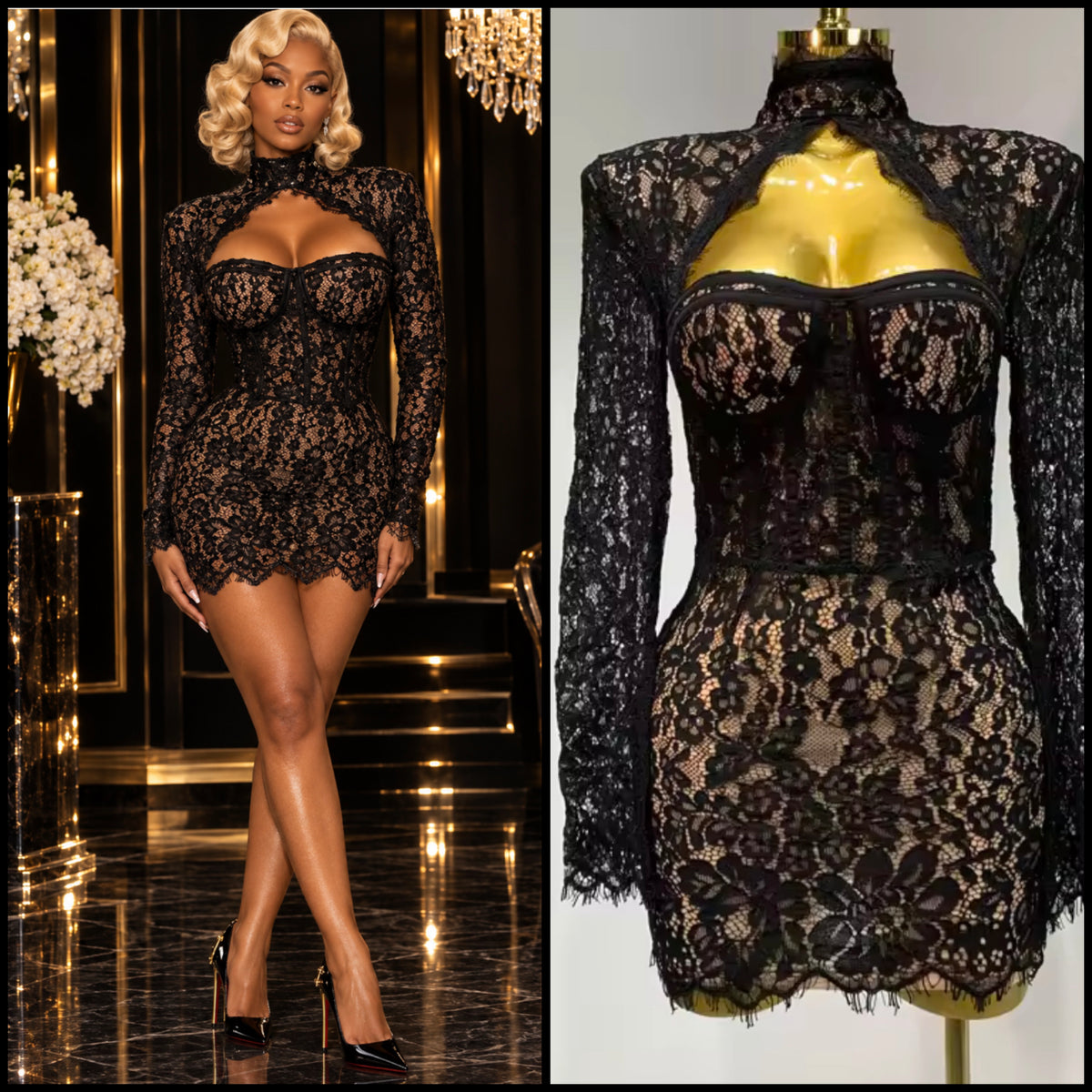 Sexy Black Lace Open Back Full Sleeve Dress