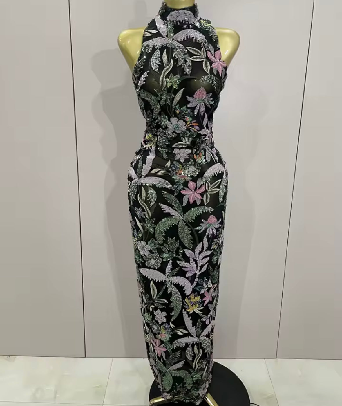 Elegant Floral Embellishment Sequins Floor-Length Dress