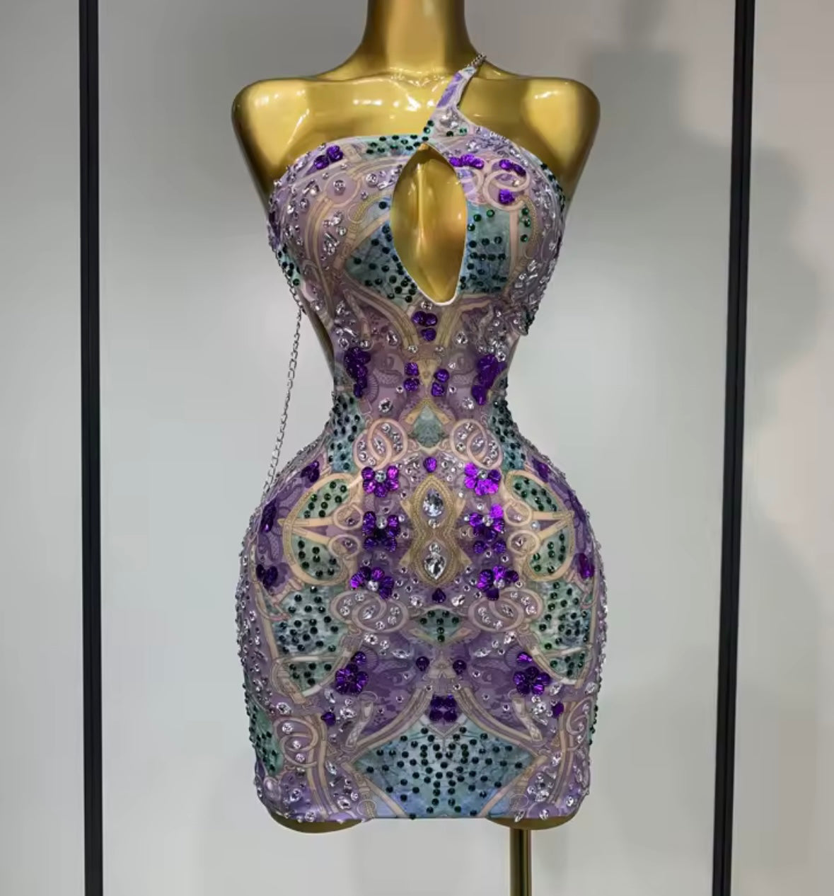 Sexy Sleeveless Color Crystal Open Back Chain Mesh Dress