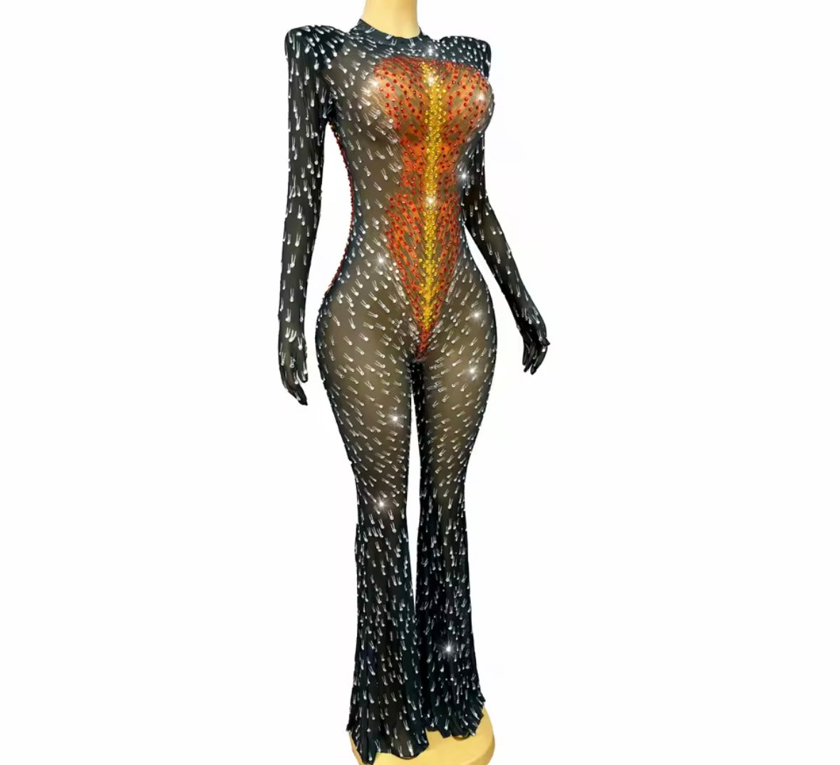 Sexy Rhinestone Glove Full Sleeve See Through Jumpsuit