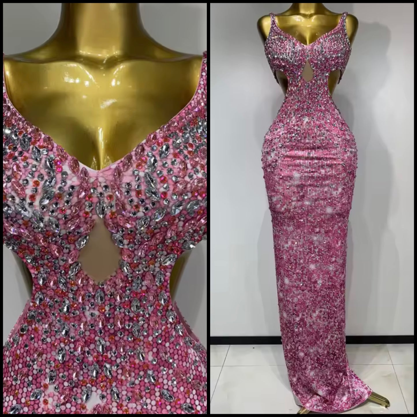 Sleeveless Pink Rhinestone Elegant Floor-Length Dress