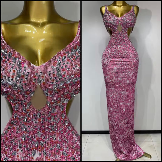 Sleeveless Pink Rhinestone Elegant Floor-Length Dress