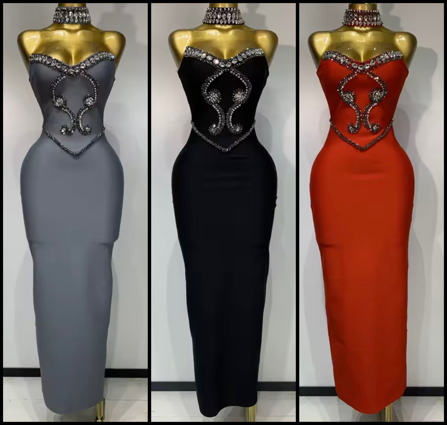 Rhinestone Choker Strapless Elegant Dress