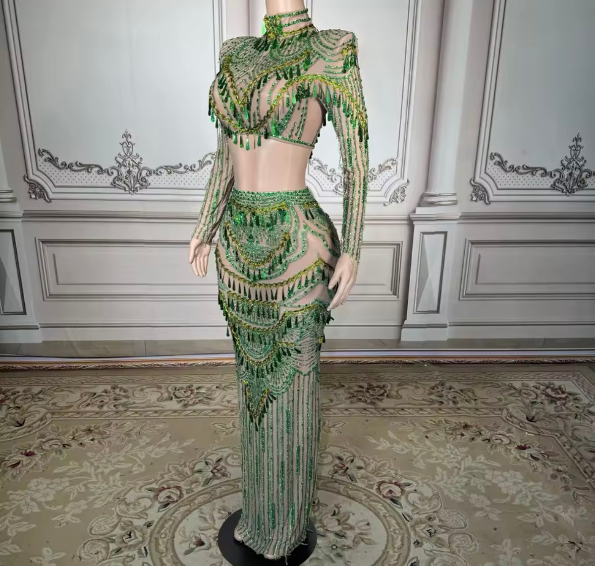 Green Sexy See Through Full Sleeve Rhinestone Tassel Skirt Set