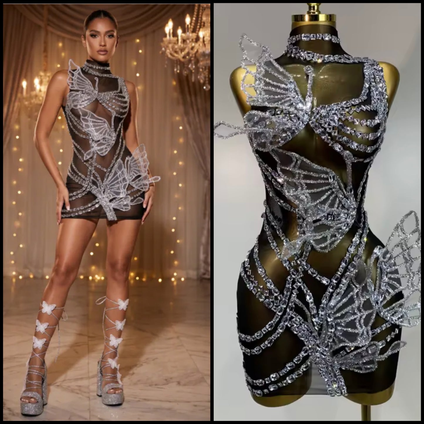 Sexy Black Sleeveless See Through Crystal Butterfly Dress