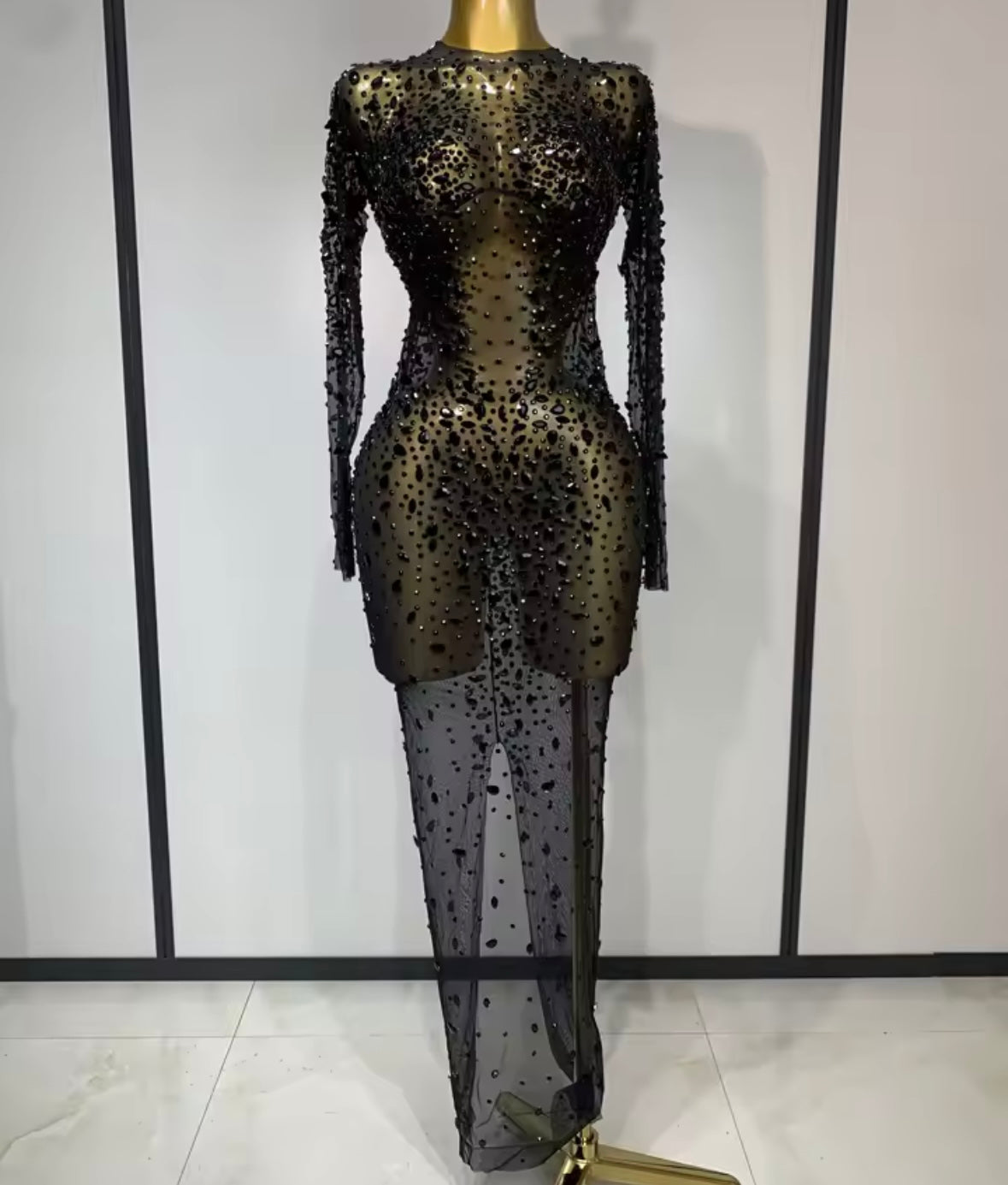 Sexy See Through Rhinestone Full Sleeve Long Dress