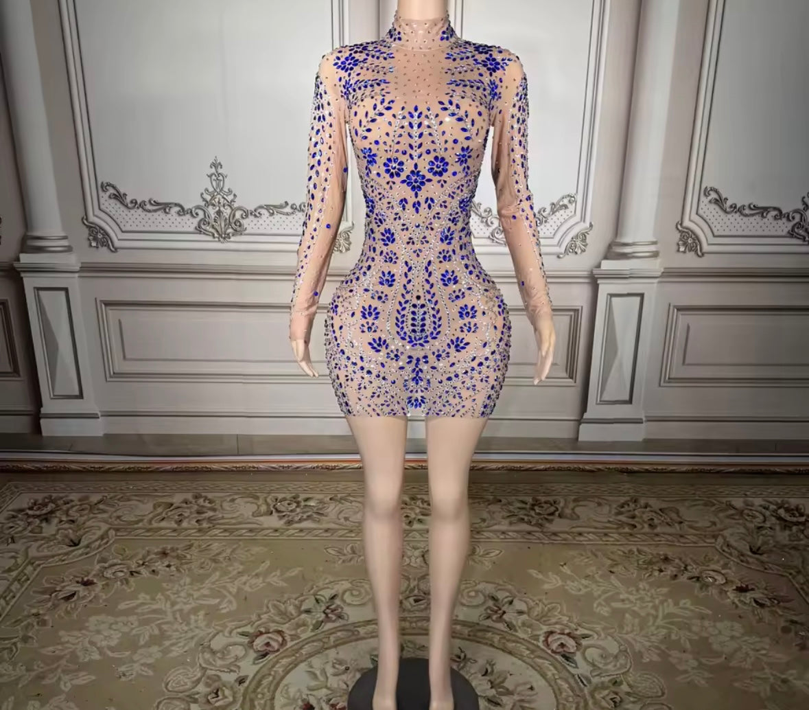 Blue Rhinestone Embellishment See Through Sexy Dress