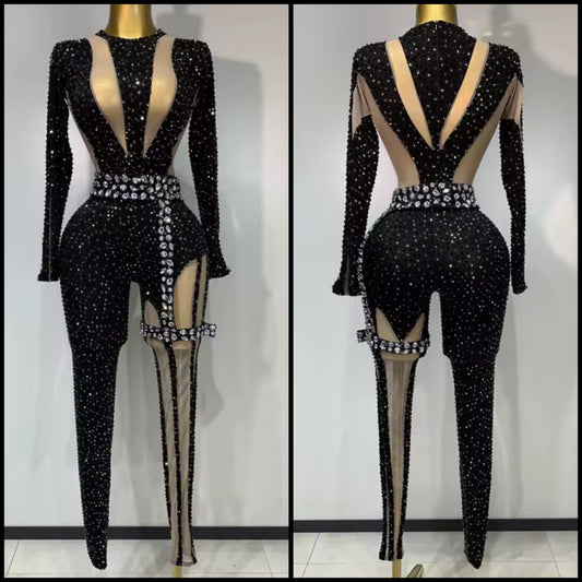 Sexy Black Sparkly Rhinestone Full Sleeve Jumpsuit