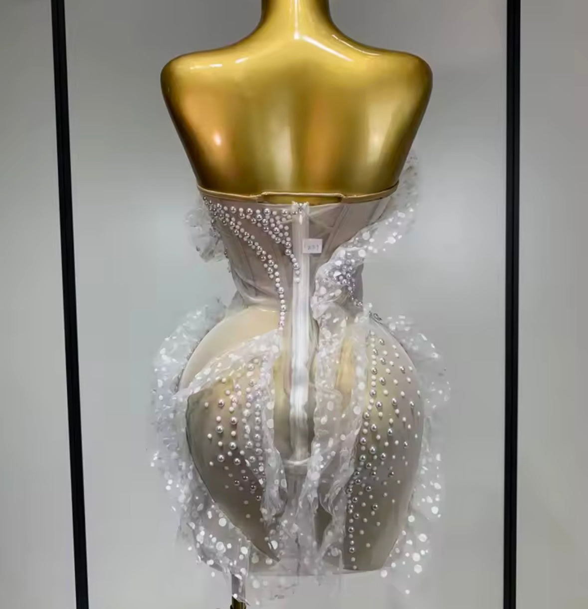 White Strapless Sexy Pearl Ruffle See Through Dress