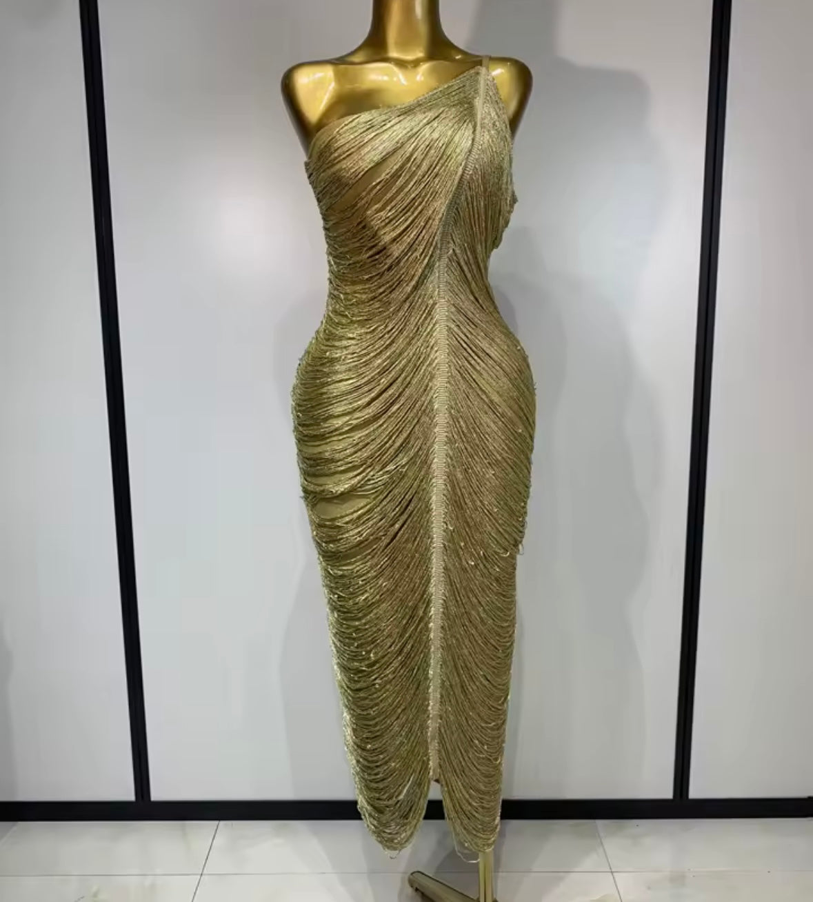 Sexy One Shoulder Gold Fringe Maxi Dress
