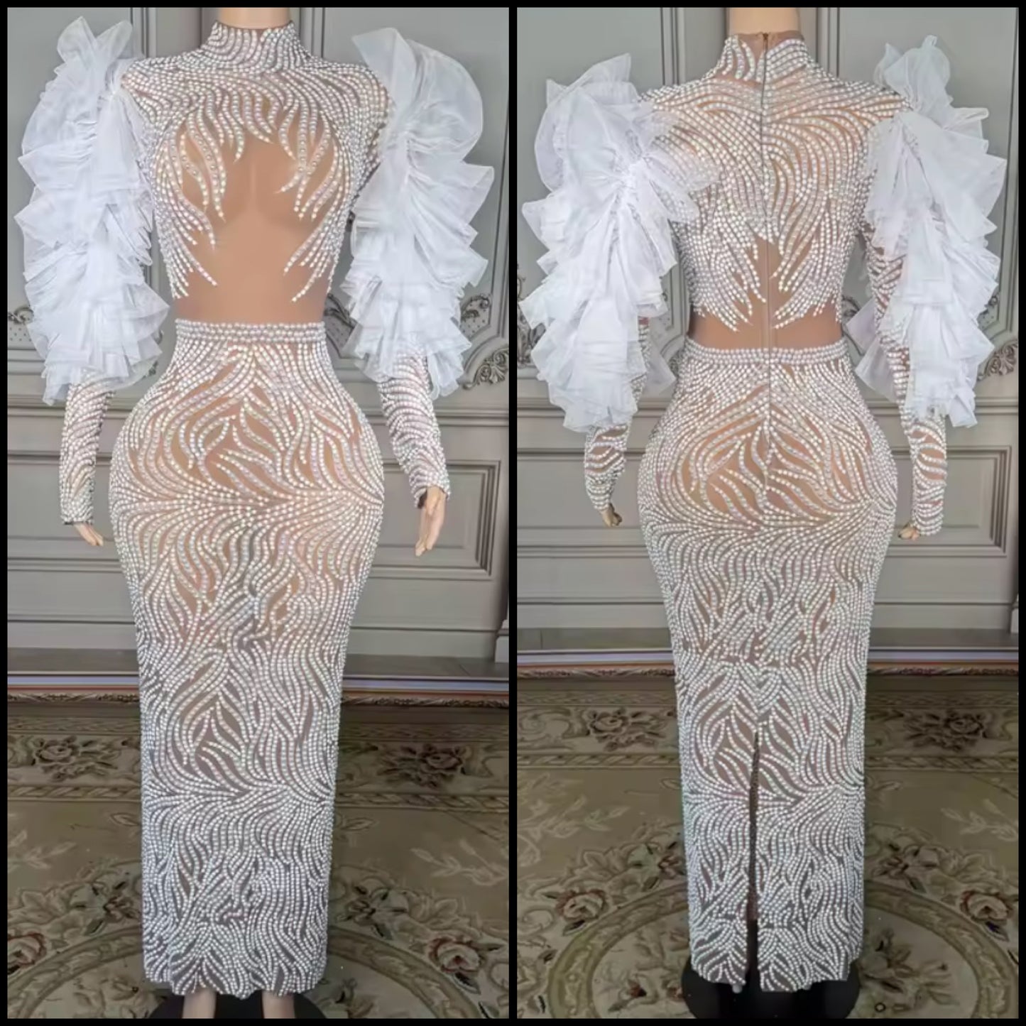 Sexy Beaded Ruffle Fur Sleeve See Through Maxi Dress