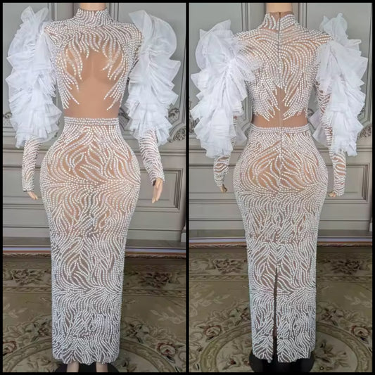 Sexy Beaded Ruffle Fur Sleeve See Through Maxi Dress