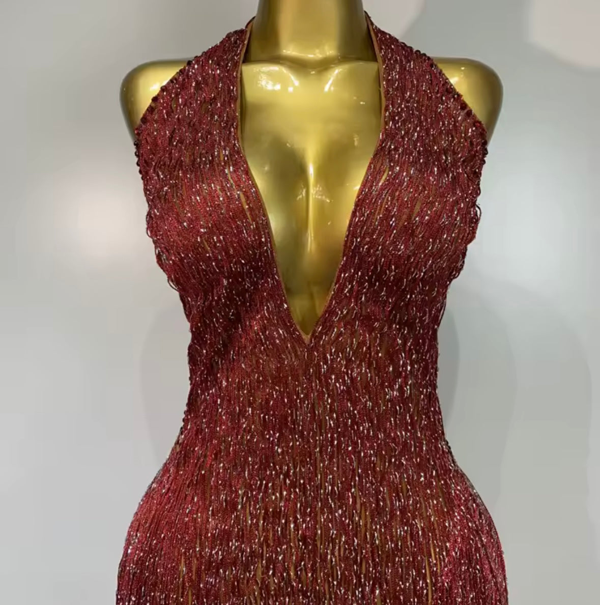 Burgundy Sexy Halter Sleeveless Fringe Tassel Maxi Dress