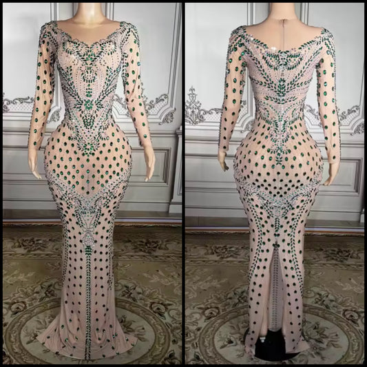 Elegant Rhinestone Embellishment Full Sleeve Floor-Length Dress