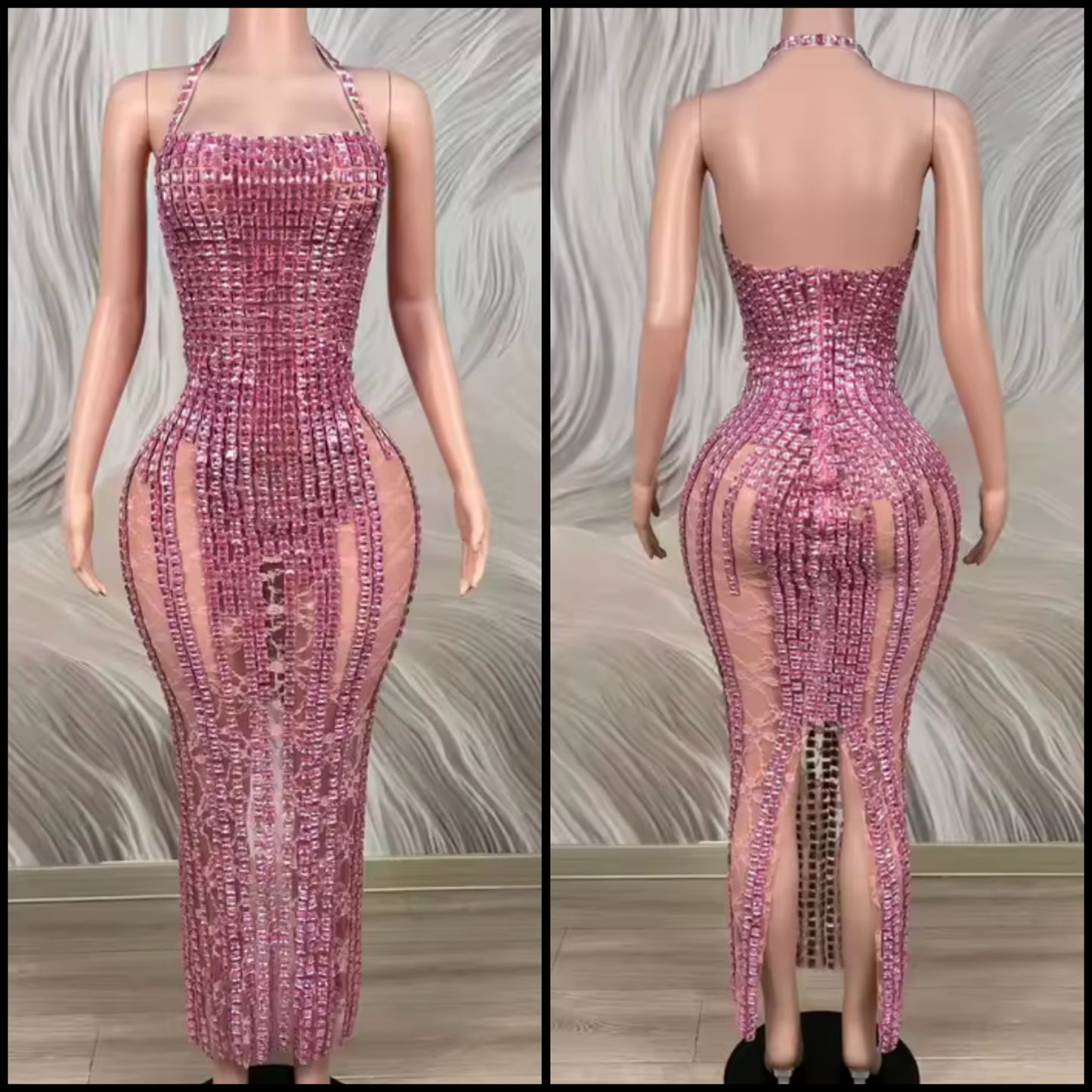 Pink Rhinestone See Through Halter Sleeveless Maxi Dress