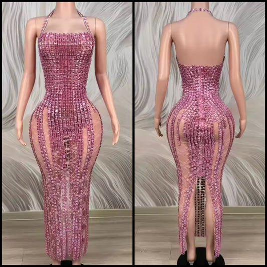 Pink Rhinestone See Through Halter Sleeveless Maxi Dress