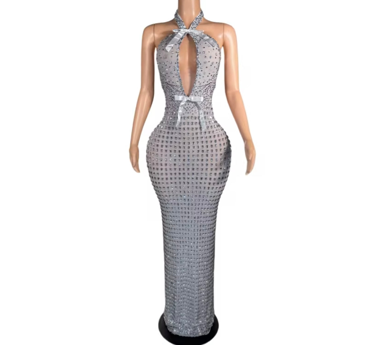 Sexy Silver Halter Sleeveless Bow Rhinestone Maxi Dress