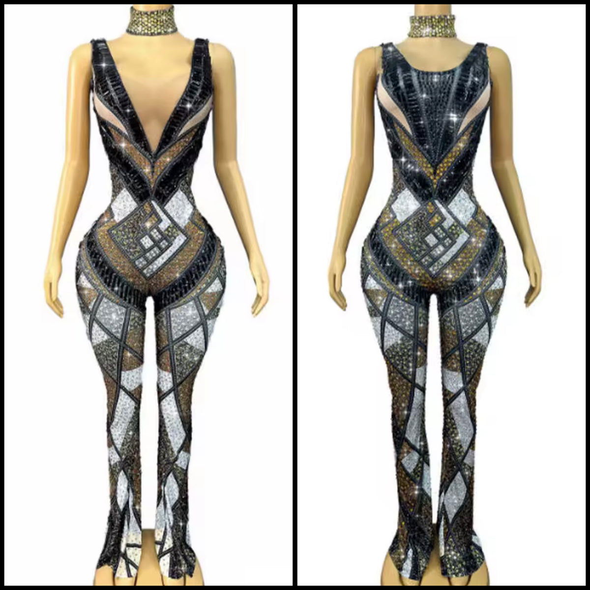Sexy Choker Sleeveless Color Patchwork Rhinestone Jumpsuit