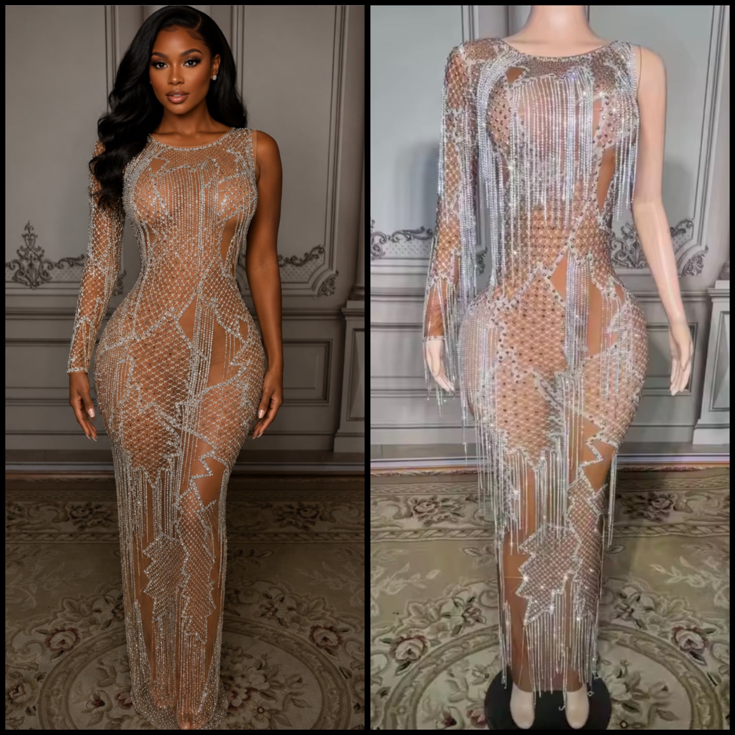 Sexy Rhinestone Tassel Full Sleeve See Through Maxi Dress