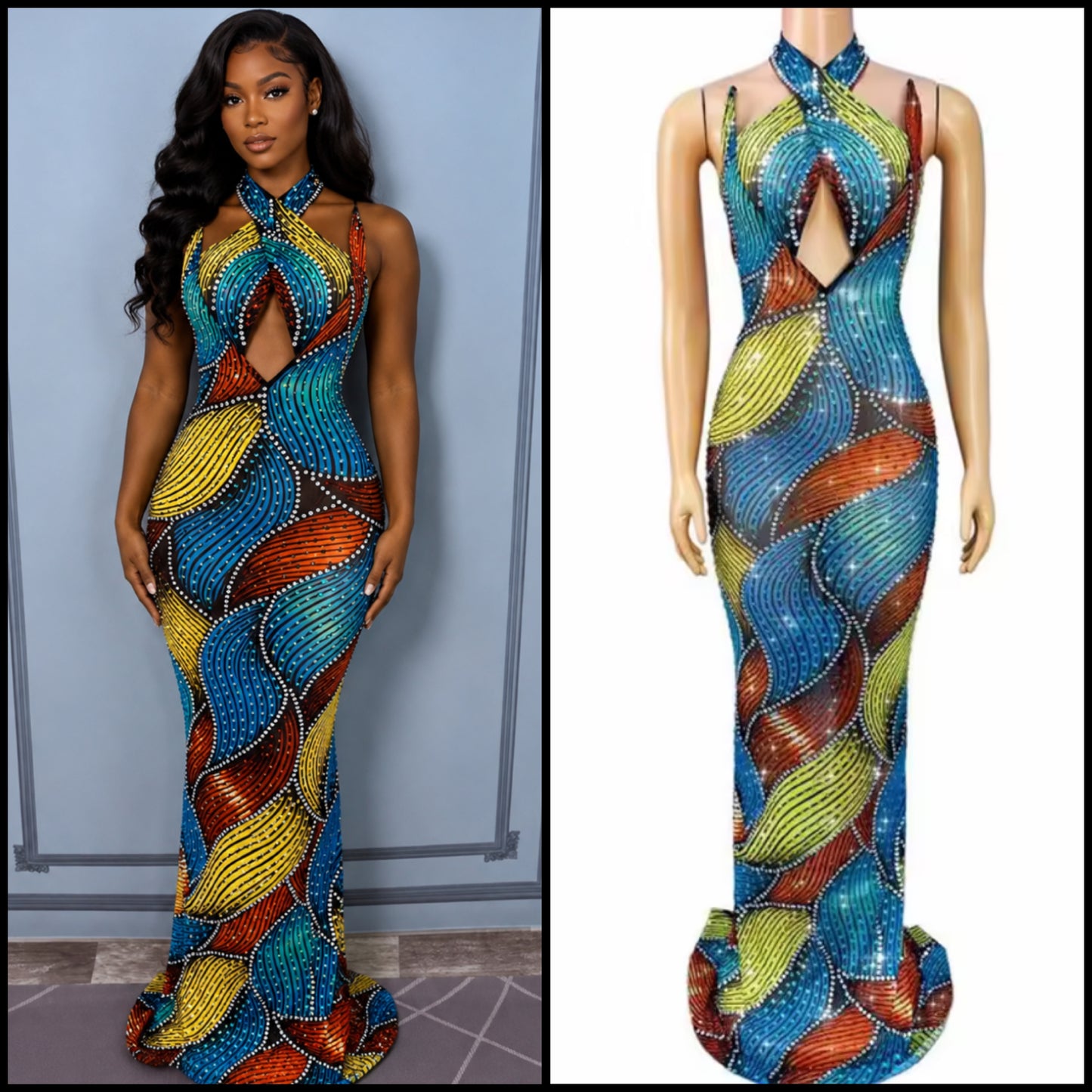 Sexy Multicolored Halter Sleeveless Rhinestone Maxi Dress