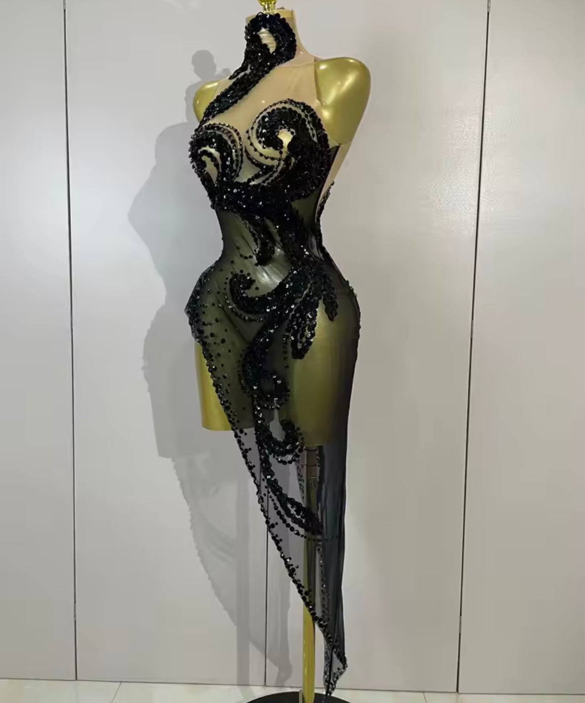 Black Sexy Sleeveless Sequins Rhinestone Asymmetrical Dress