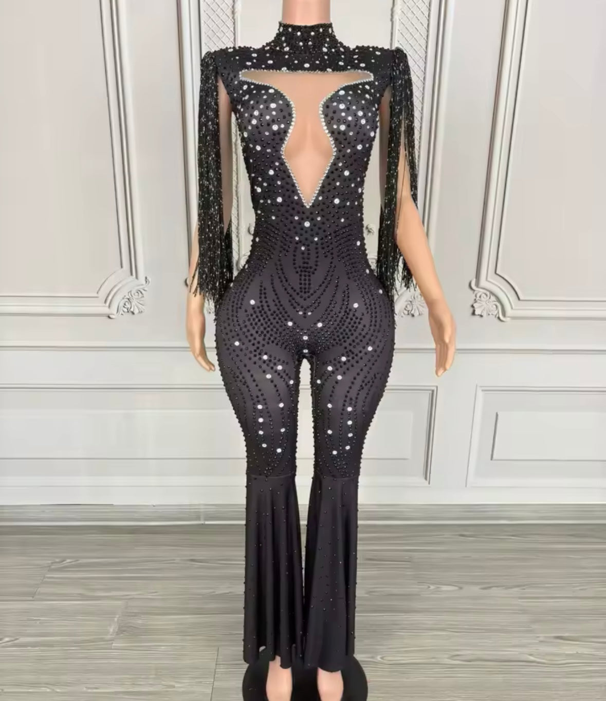 Black Rhinestone Tassel Sleeveless Jumpsuit
