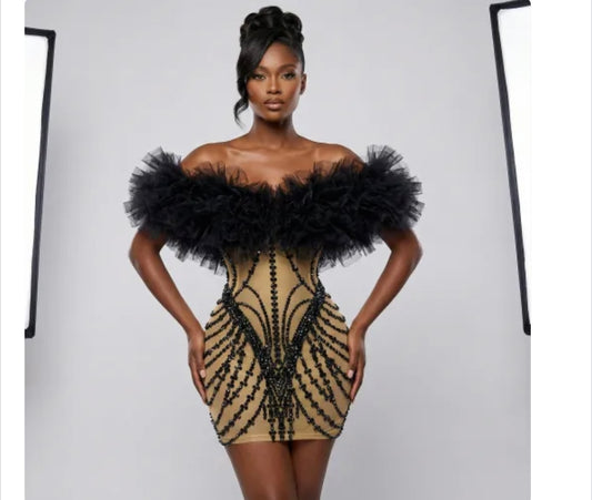 Black Ruffled Strapless Crystal Mesh Sexy Dress