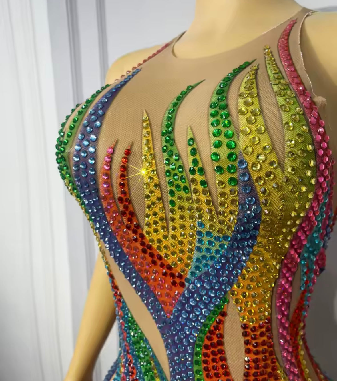Sexy Sleeveless Multicolored Print Rhinestone See Through Jumpsuit