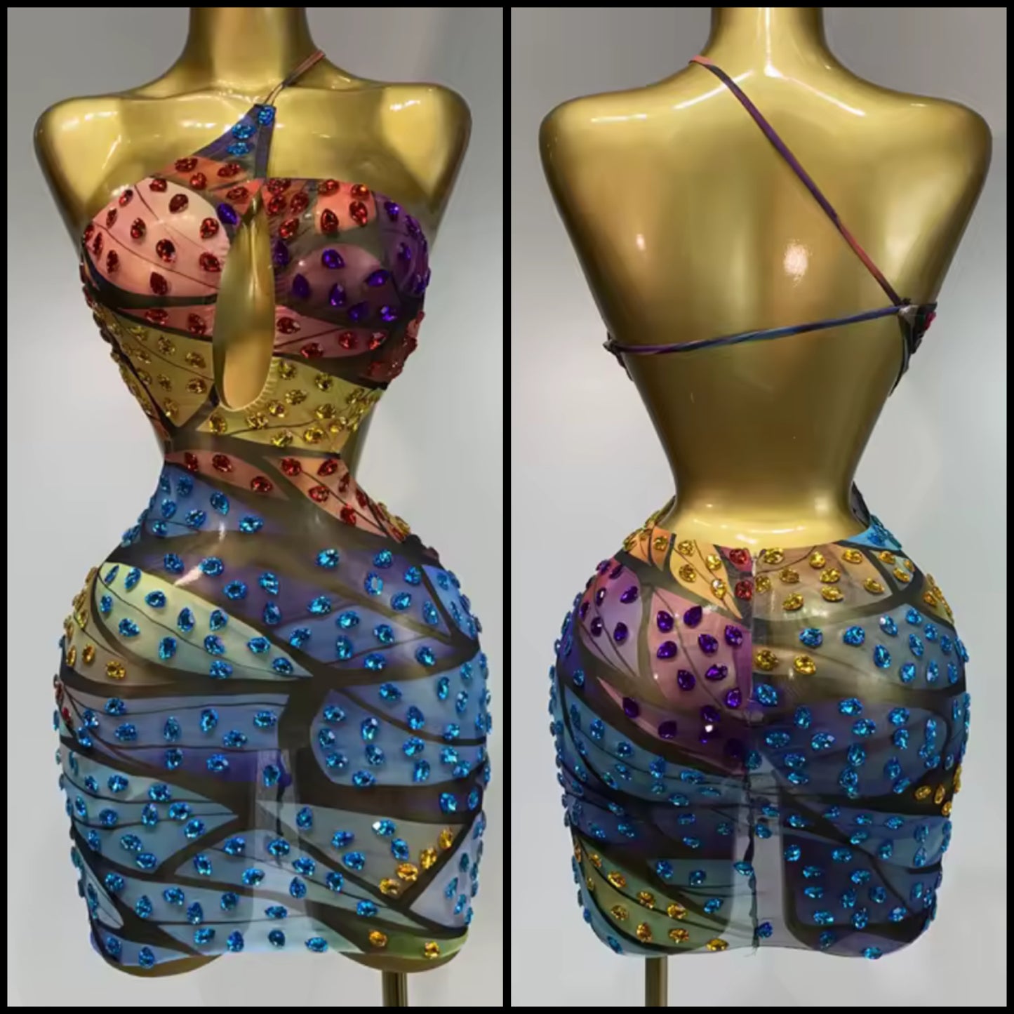 Sexy One Shoulder Sleeveless Multicolored Rhinestone Dress