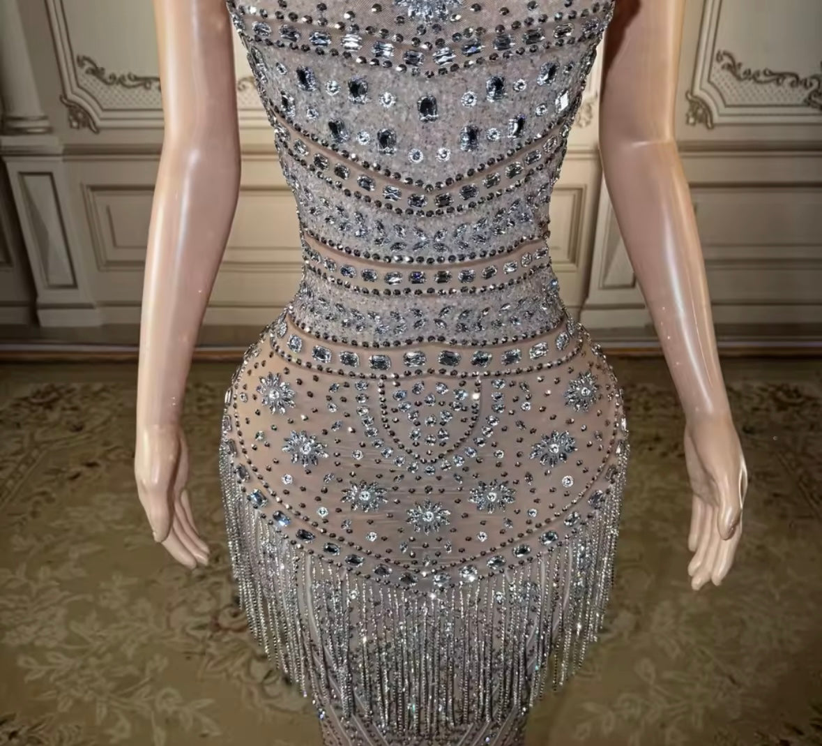 Sexy Sleeveless Rhinestone Tassel Floor-Length Dress