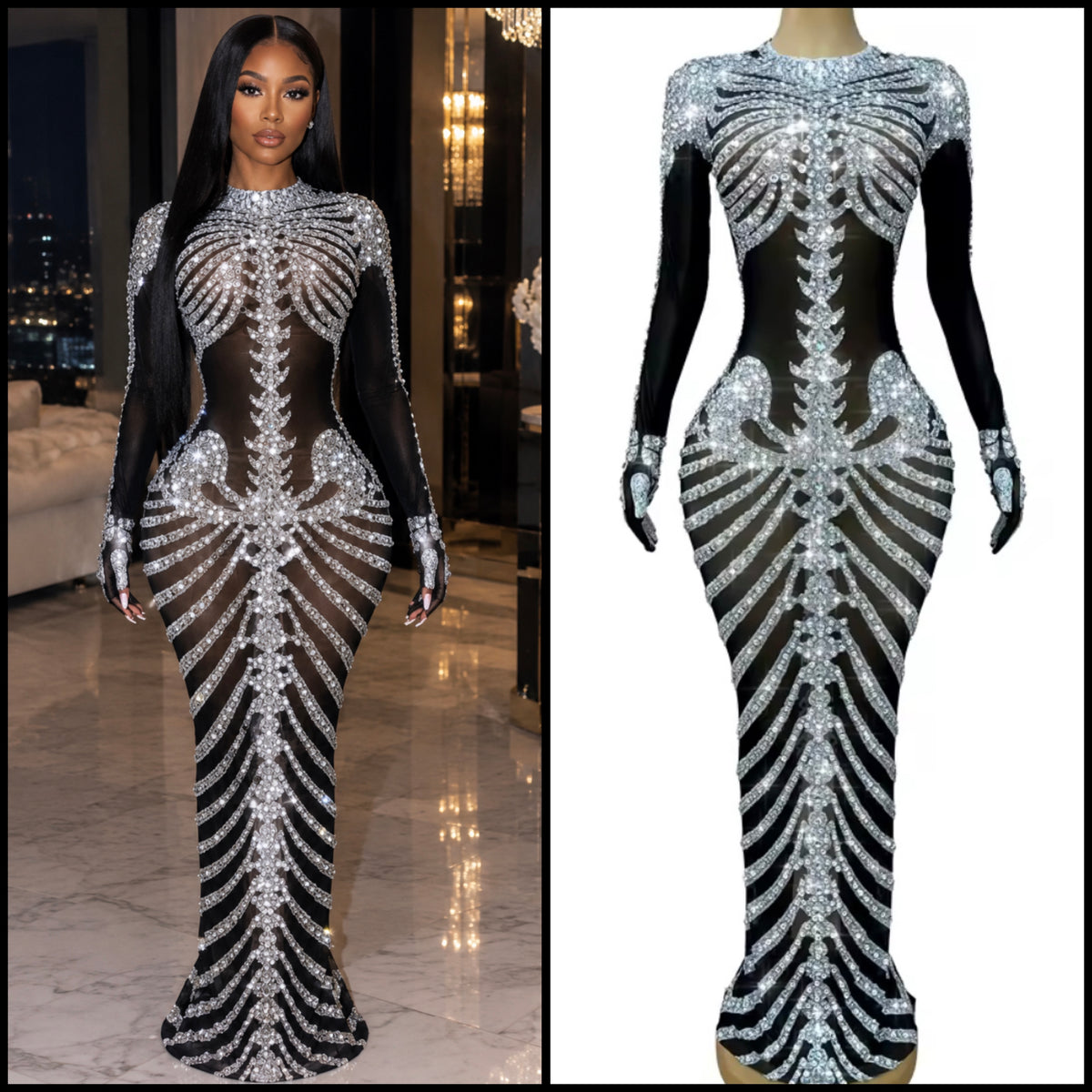 Sexy Rhinestone Embellishment Glove Full Sleeve Maxi Dress