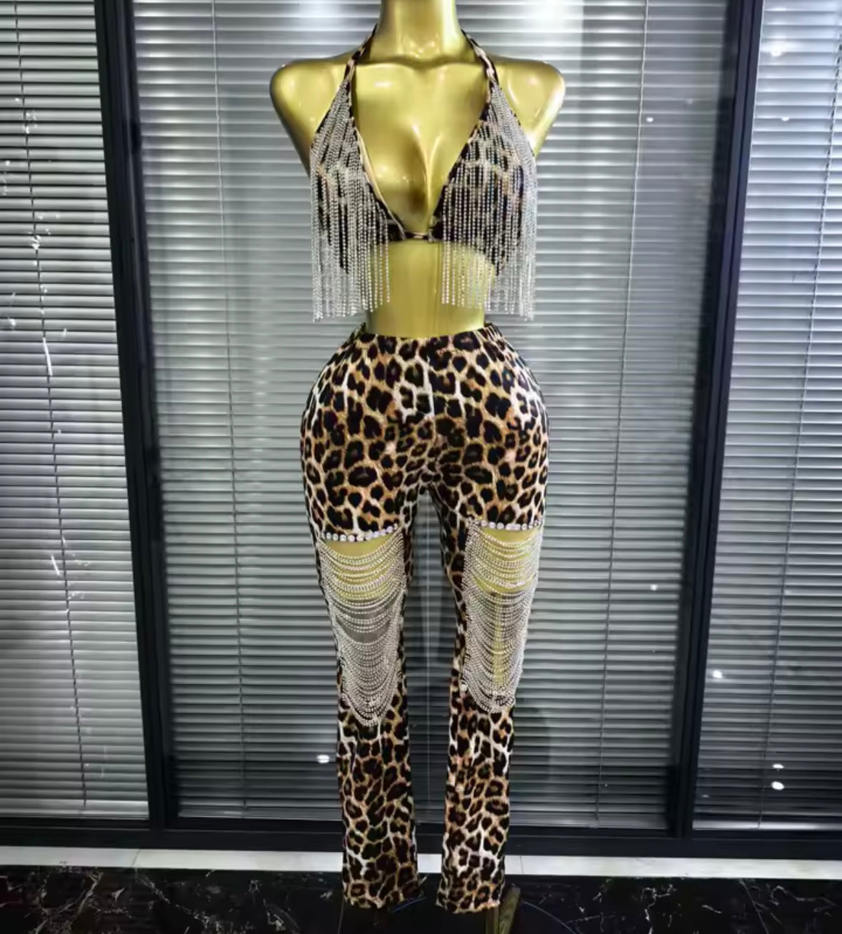 Sexy Halter Sleeveless Leopard Rhinestone Tassel Pant Set